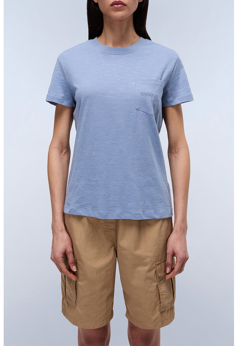 Tricou de bumbac cu buzunar pe piept Eclair - Albastru prafuit