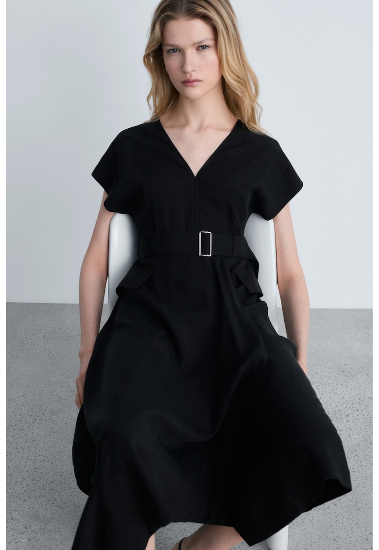 Rochie asimetrica din amestec de lyocell cu curea - Negru