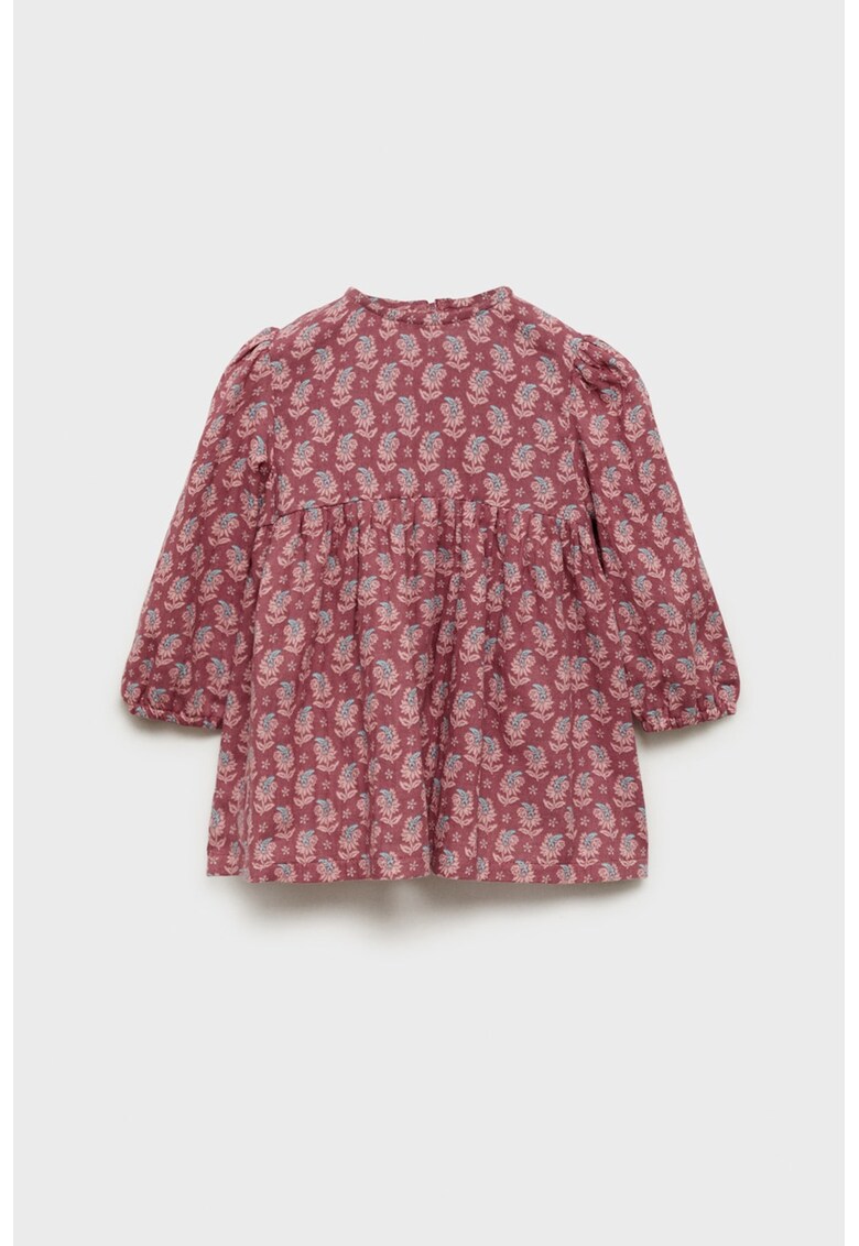 Rochie cu model floral si maneci lungi - Rosu stins/Albastru