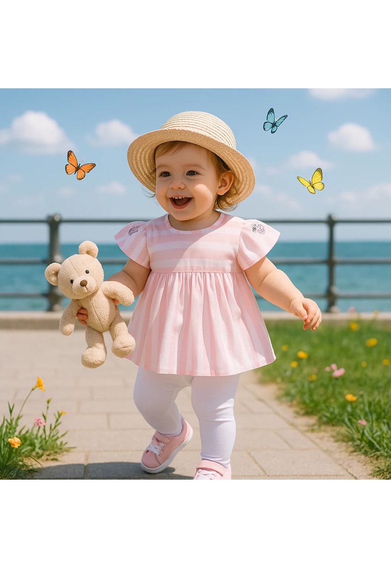 Bluza babydoll  - Flowers - Roz cu dungi albe - pentru fetite Bluza babydoll  - Flowers - Roz cu dungi albe - pentru fetite