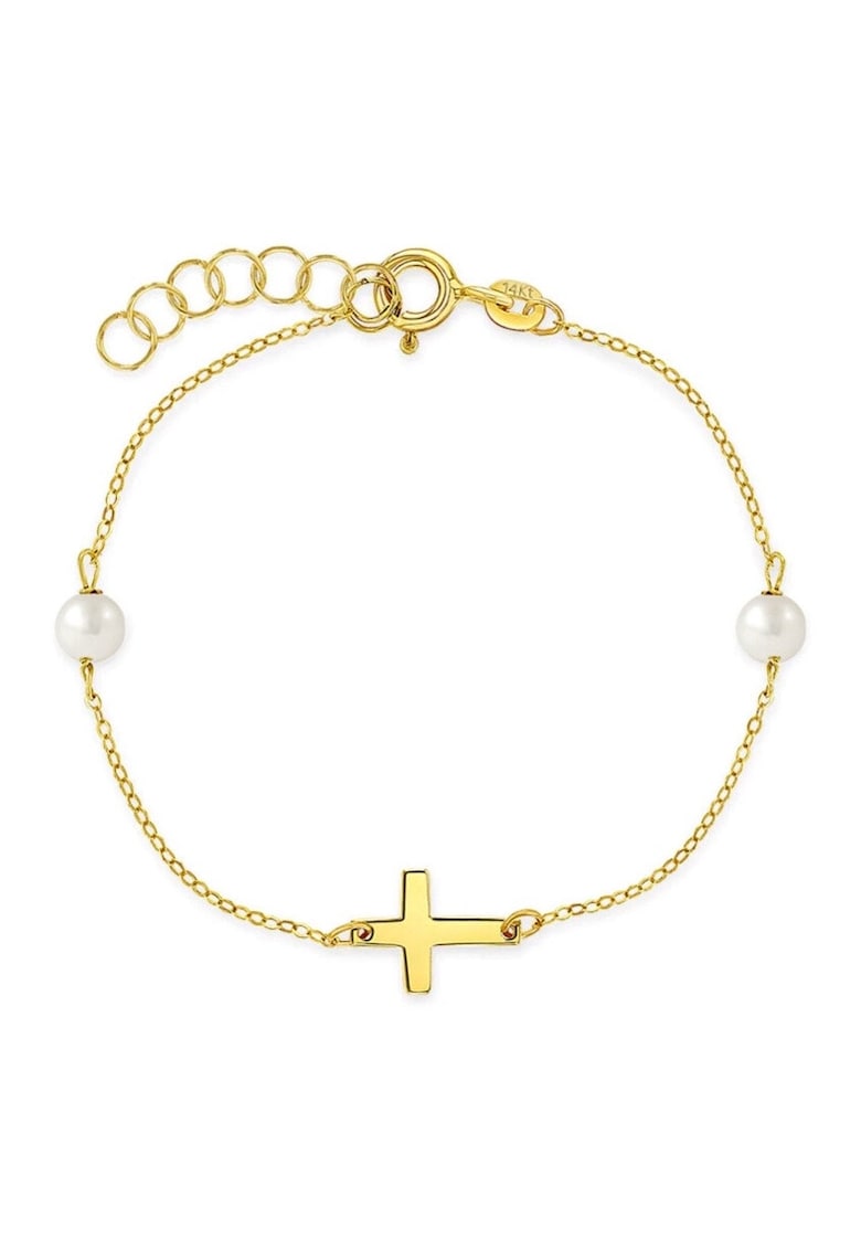 Bratara Delicata din Aur 14K Cruciulita si Perla Alba de cultura - Reglabila - pentru si Fetite