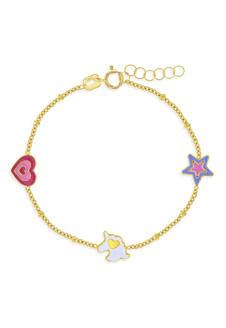 Bratara Delicata din Aur 14K cu Charm uri colorate Unicorn - Stea si Inima - Reglabila - pentru Bebelusi si Fetite