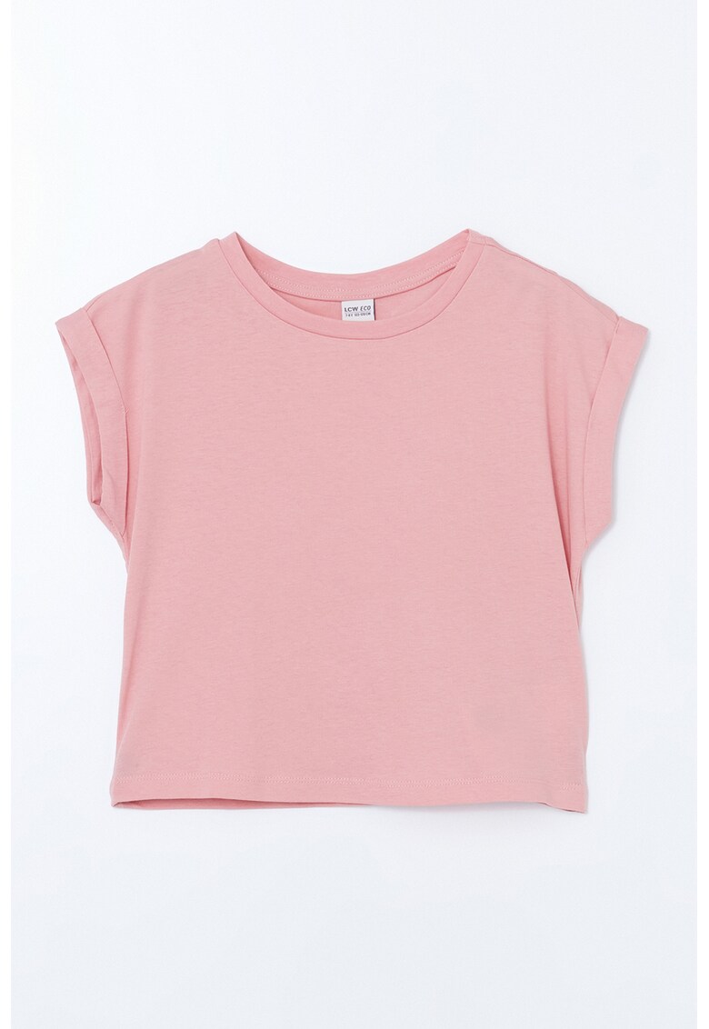 Tricou cu decolteu rotund si maneci rulate - Roz somon