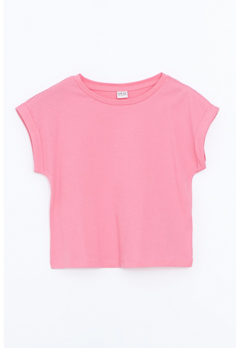 Tricou cu decolteu rotund si maneci rulate - Roz