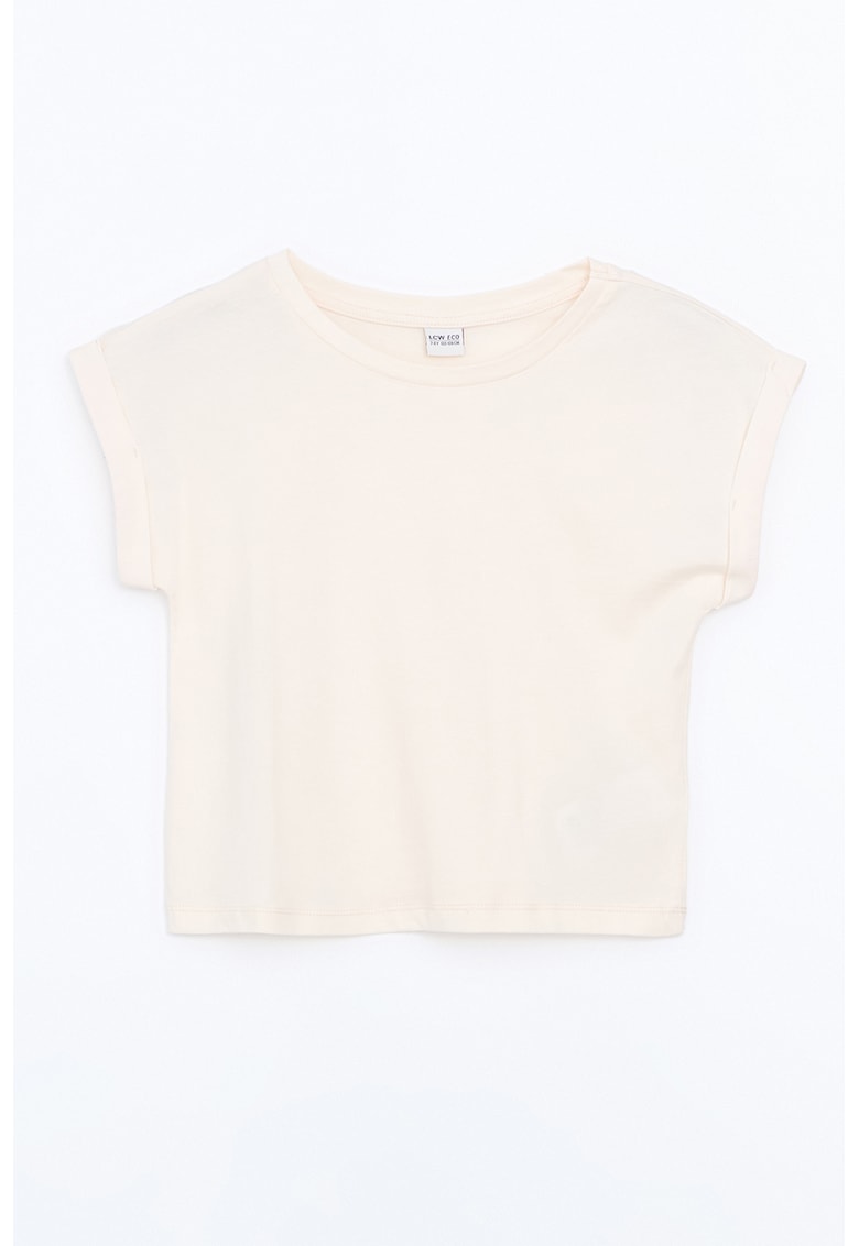 Tricou cu decolteu rotund si maneci rulate - Bej deschis