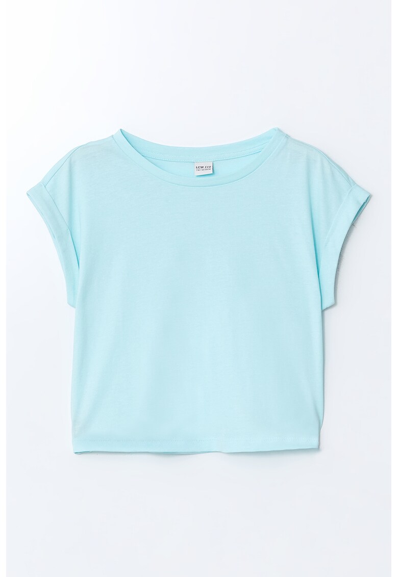 Tricou cu decolteu rotund si maneci rulate - Albastru glaciar