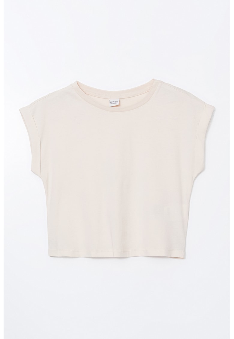 Tricou cu decolteu rotund si maneci rulate - Bej