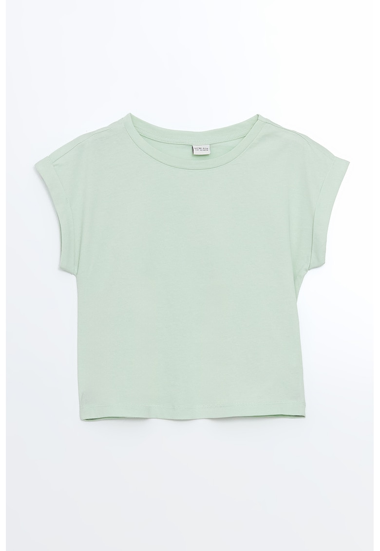 Tricou cu decolteu rotund si maneci rulate - Verde deschis