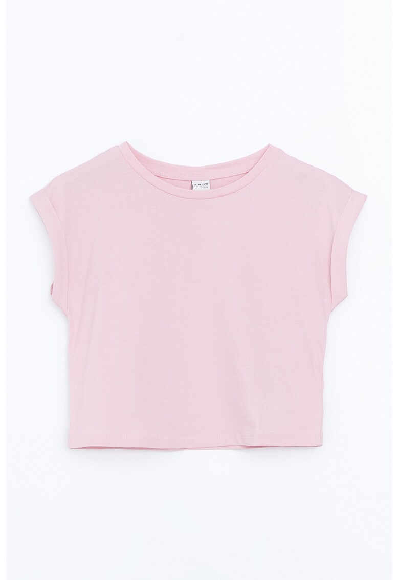 Tricou cu decolteu rotund si maneci rulate - Roz pastel