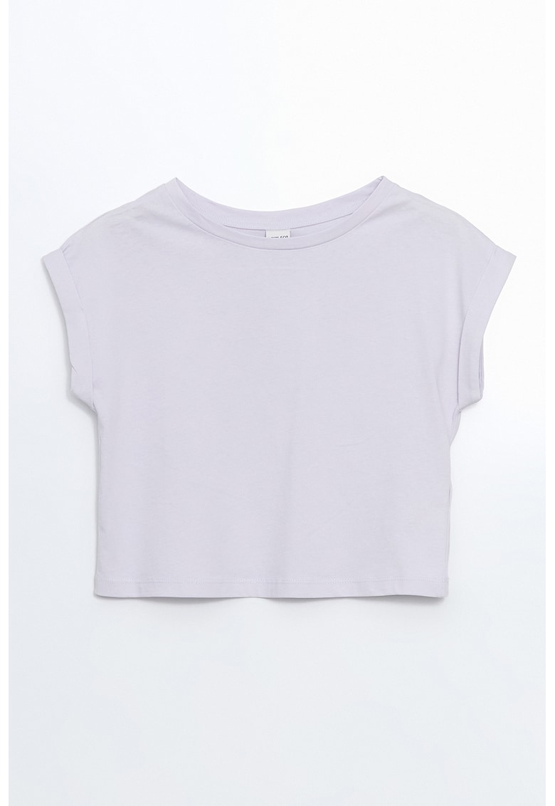 Tricou cu decolteu rotund si maneci rulate - Gri deschis