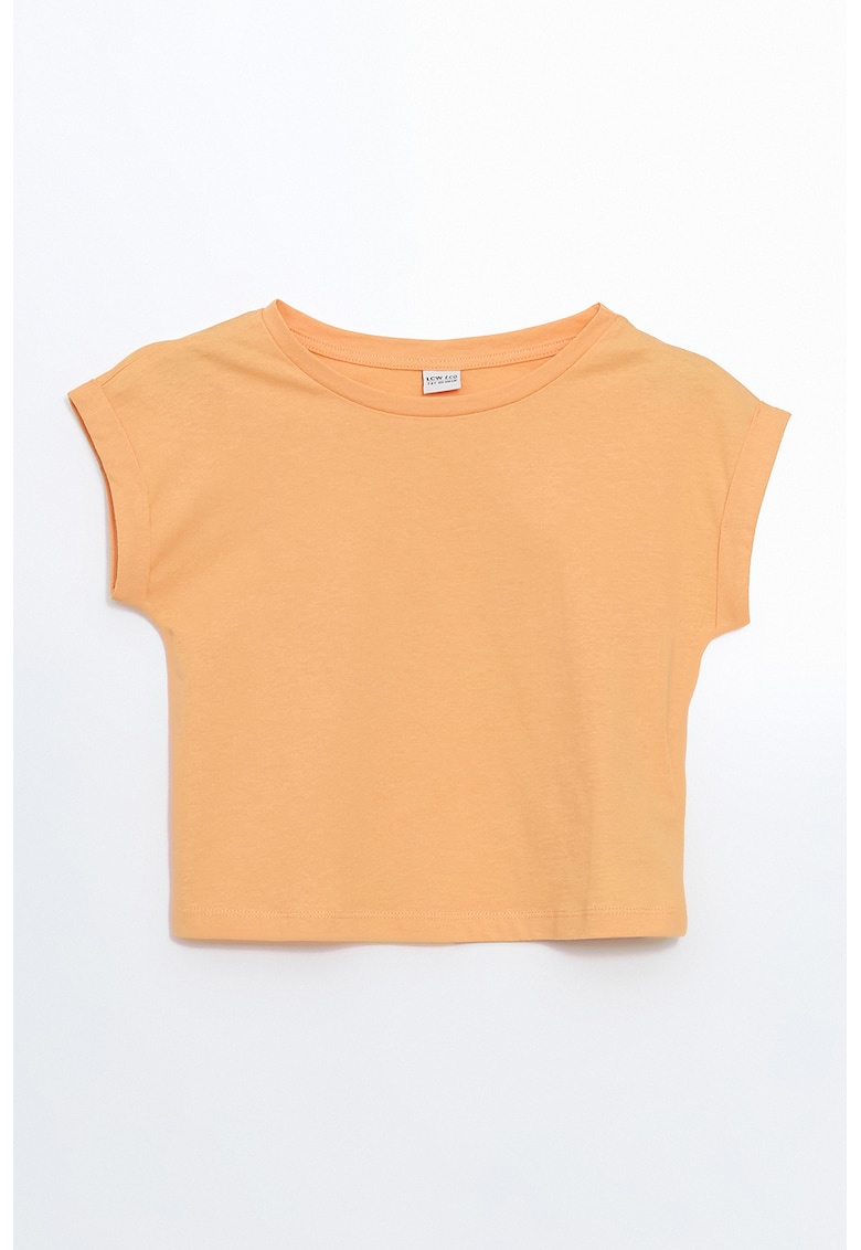 Tricou cu decolteu rotund si maneci rulate - Portocaliu deschis