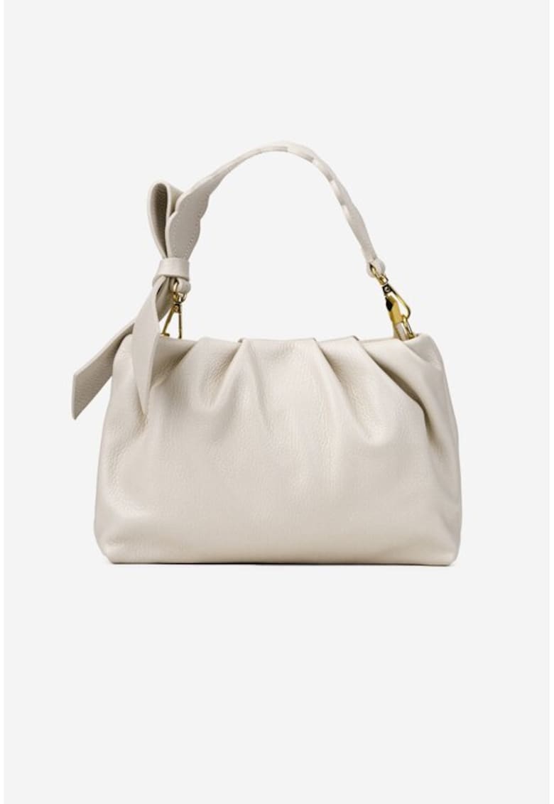 Poseta dama bej din piele texturata cu ornament funda
