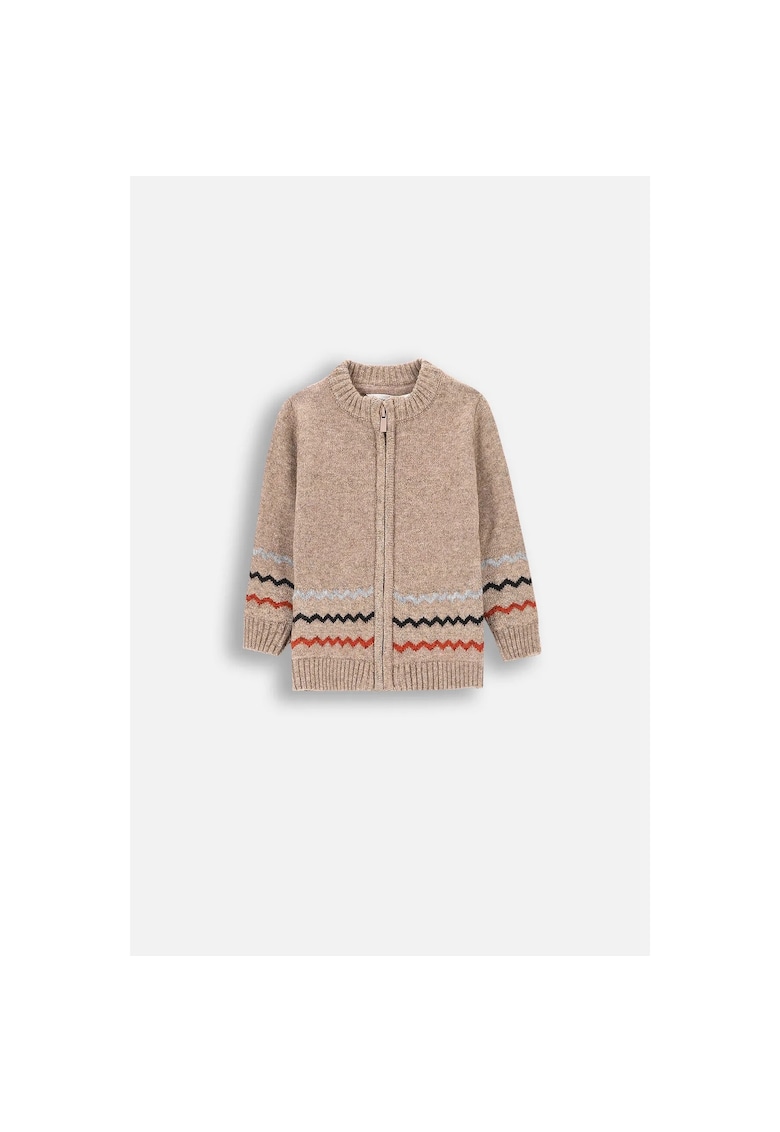Cardigan cu fermoar si motive decorative Chevron - Maro deschis
