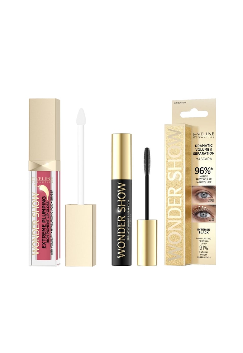 Set Eveline Wonder Show cu Luciu de buze pentru volum 05 Vibrant Red si Mascara volum si separare