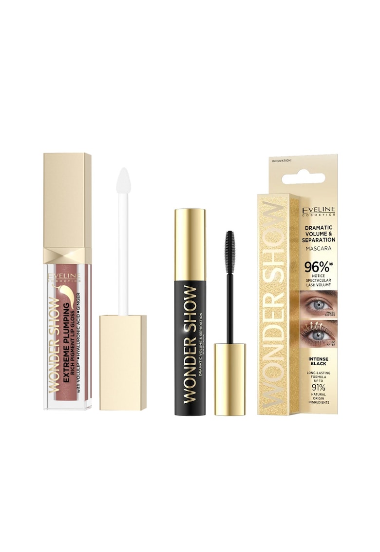 Set Eveline Wonder Show cu Luciu de buze pentru volum 03 English Rose si Mascara volum si separare