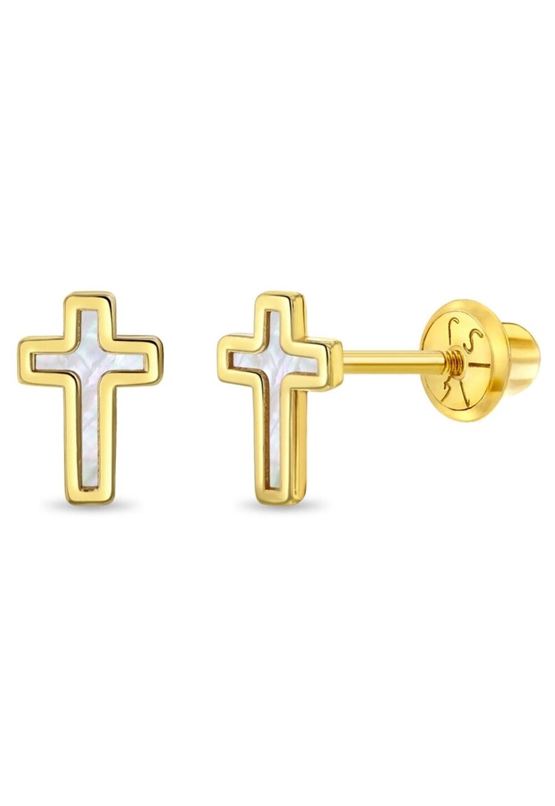 Cercei din Aur 14K pentru Bebelusi si Copii - model Cruciulita cu Sidef de Perla - inchidere cu Filet si Protectie