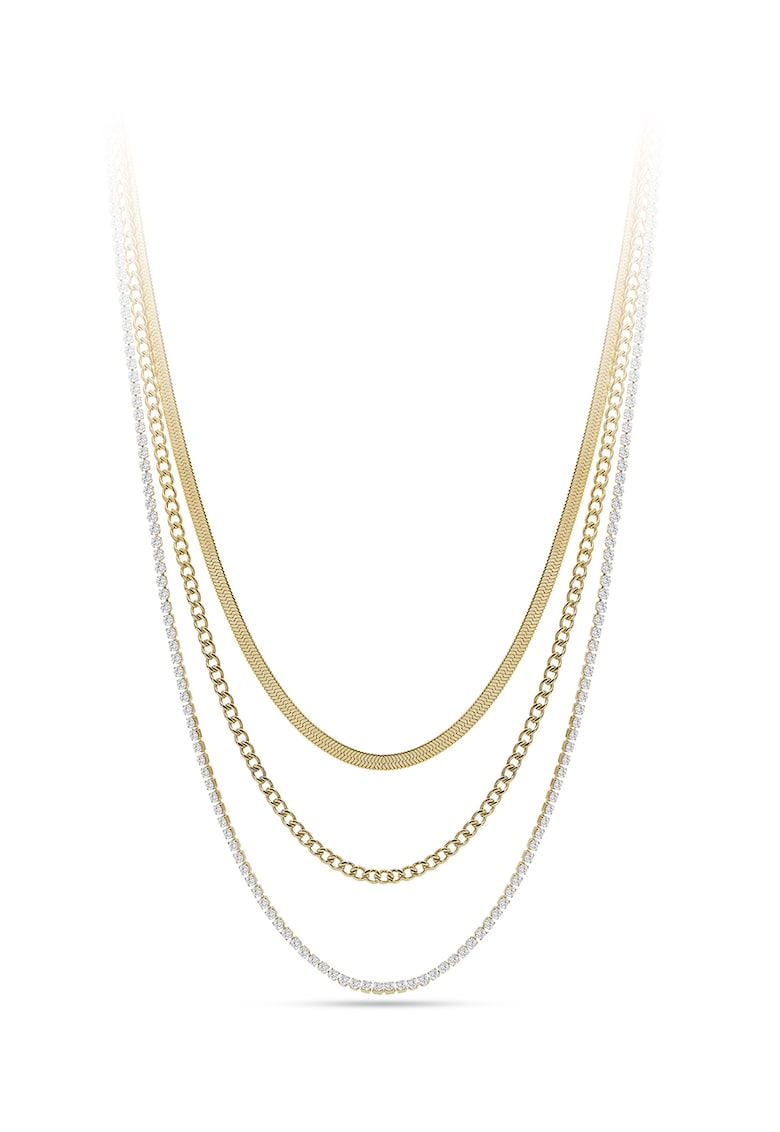 Colier cu trei siraguri si cristale - Auriu/Alb optic