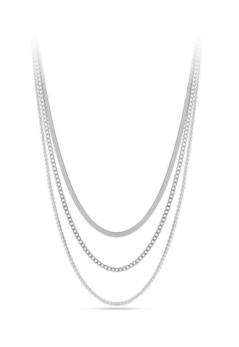 Colier cu siraguri multiple si cristale - Argintiu