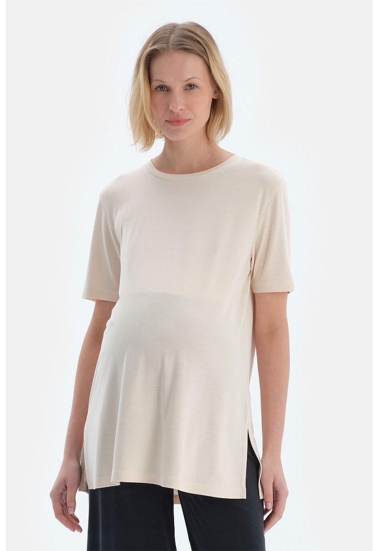 Tricou din amestec de modal cu slituri laterale - Alb fildes