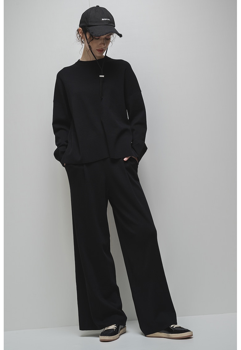 Pulover din bumbac cu decolteu rotund - Negru