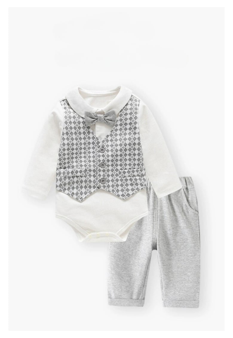 Compleu 2 piese - body cu papion si pantaloni gri - pentru baieti