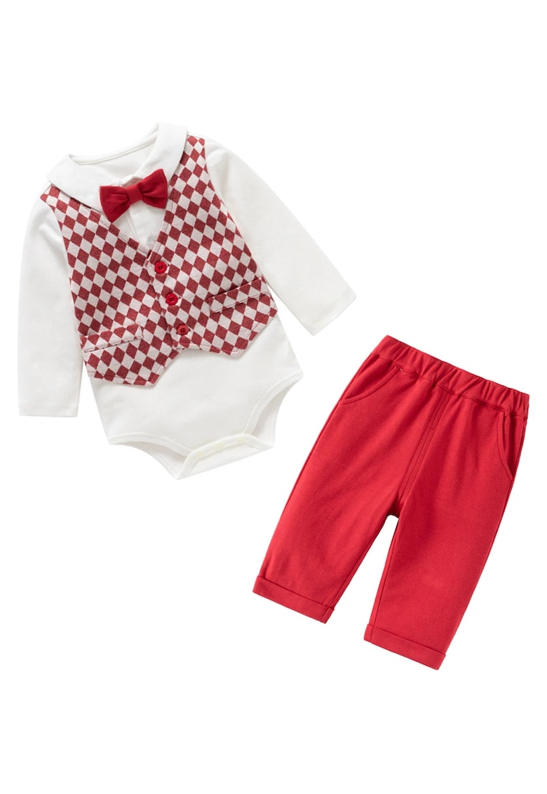 Compleu 2 piese - body cu papion si pantaloni rosu pentru baieti