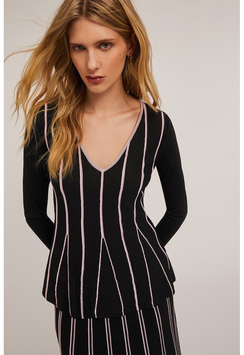 Bluza cu decolteu in V si model in dungi - Albastru ultramarin/Roz pal