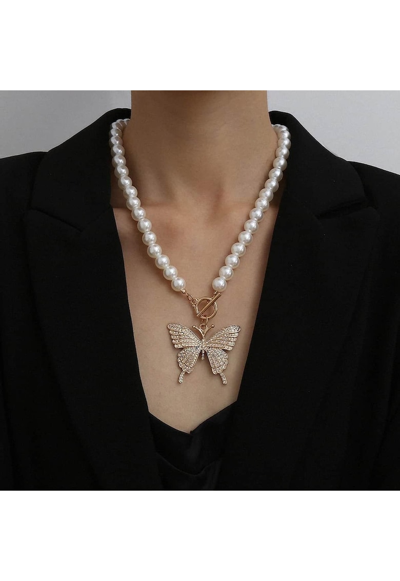Colier cu perle si fluture - auriu - Linnie C17
