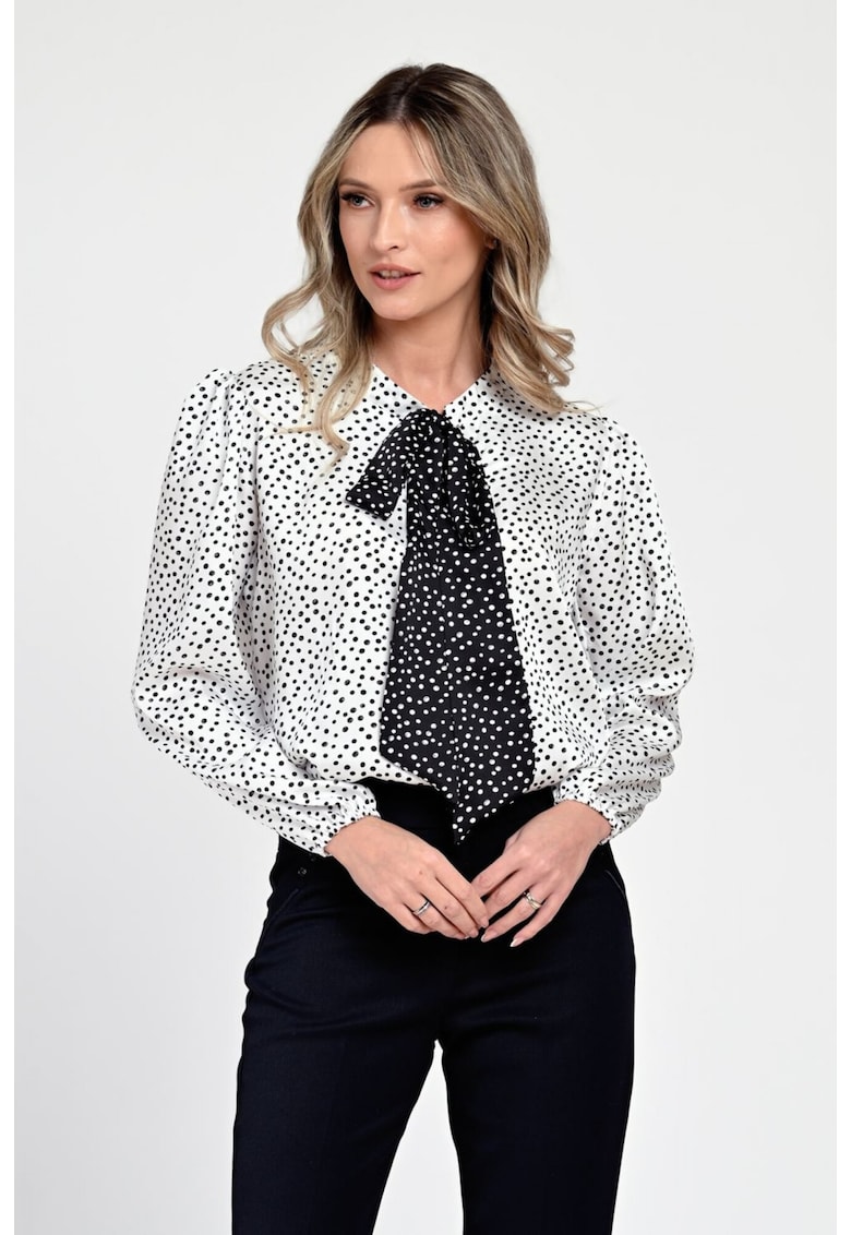 888146146-Bluza Dama din Satin - Alba cu puncte negre - Eleganta cu Funda V305