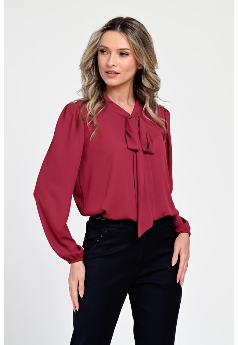 888146147-Bluza Dama din Satin - Rosu burgundy - Eleganta cu Funda V306