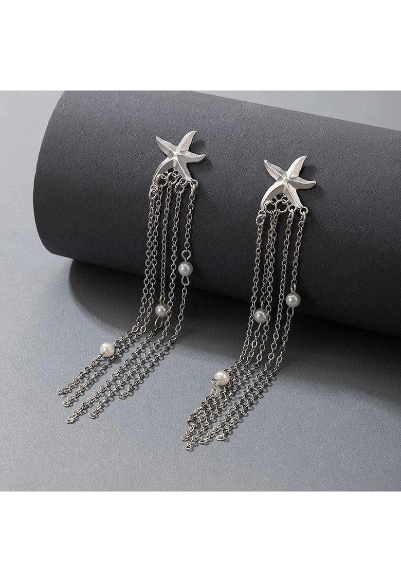 Cercei argintii - lungi - cu lanturi si stelute de mare - Stefanie C26 -