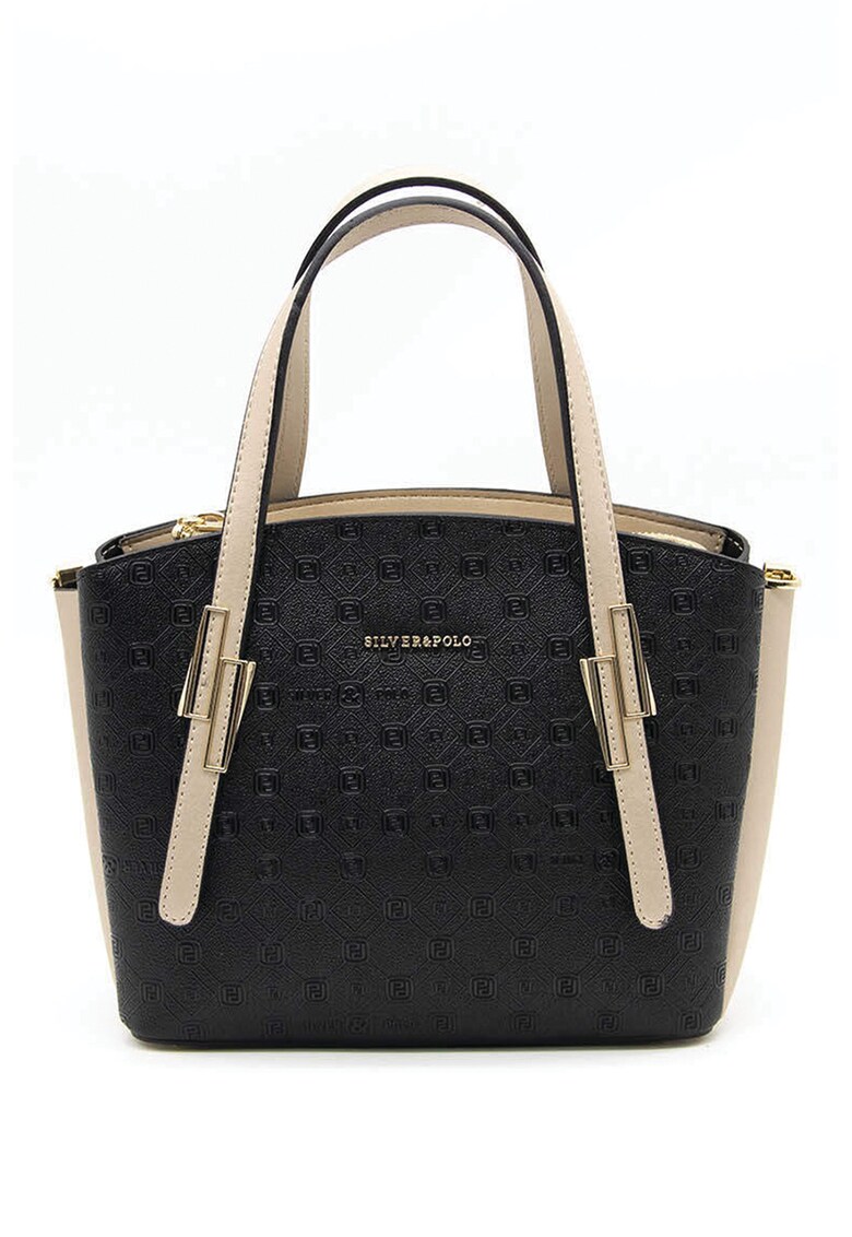 Geanta de piele ecologica cu bareta de umar si aspect texturat - Negru/Maro camel