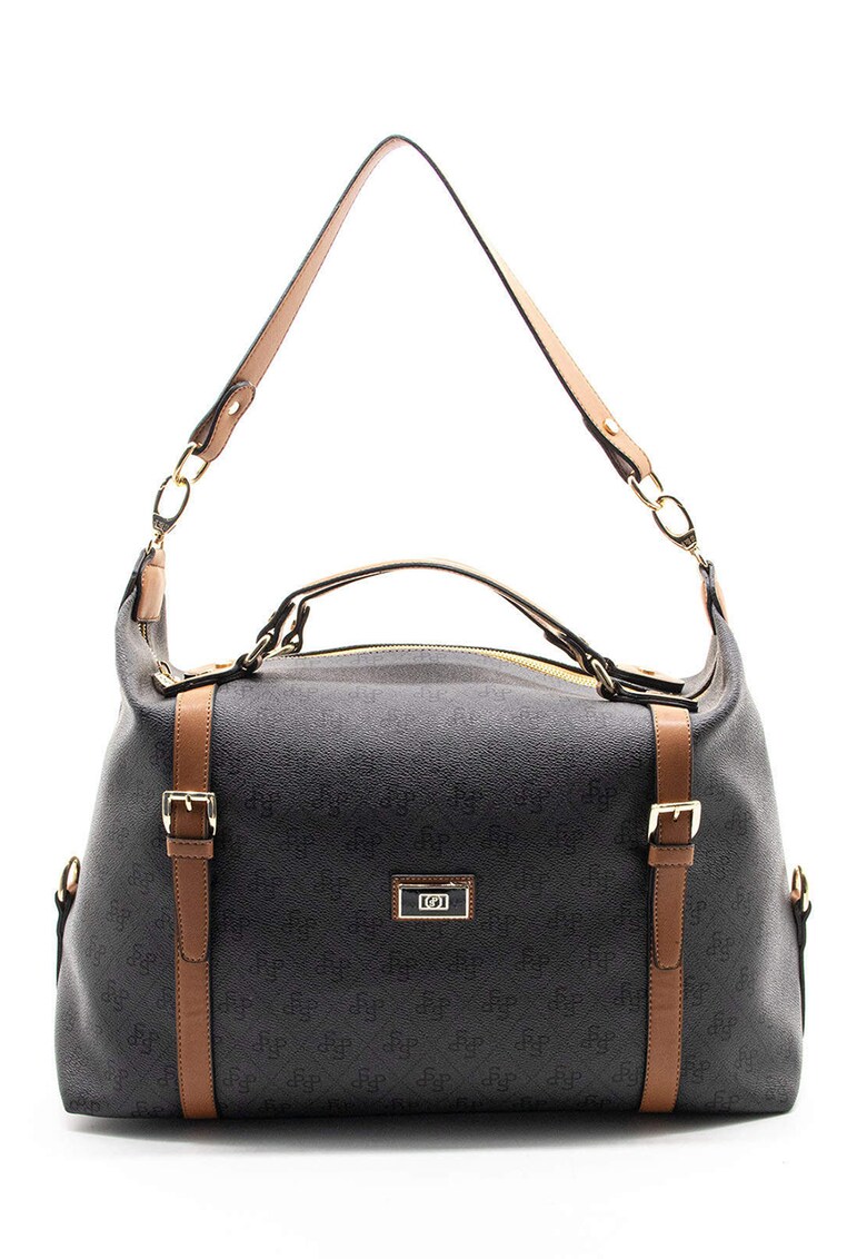 Geanta tote de piele ecologica cu model - Negru stins/Caramel