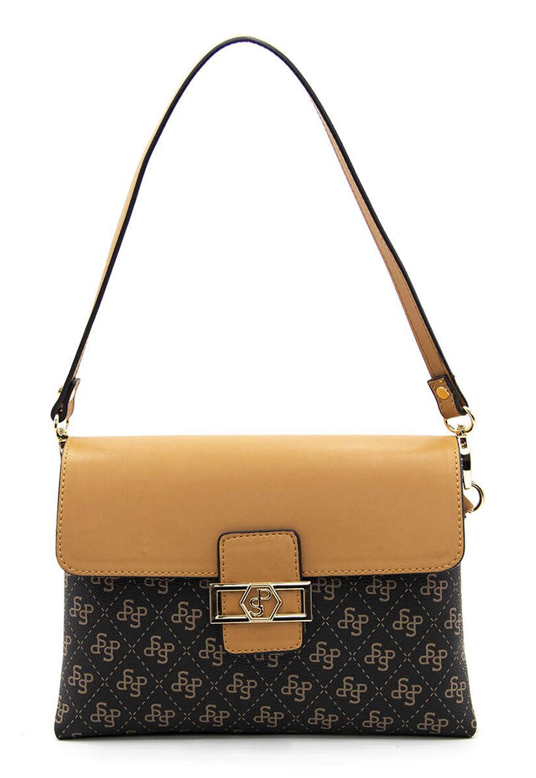 Geanta de piele ecologica cu bareta de umar si model - Negru - Negru stins/Caramel - 17x25x10