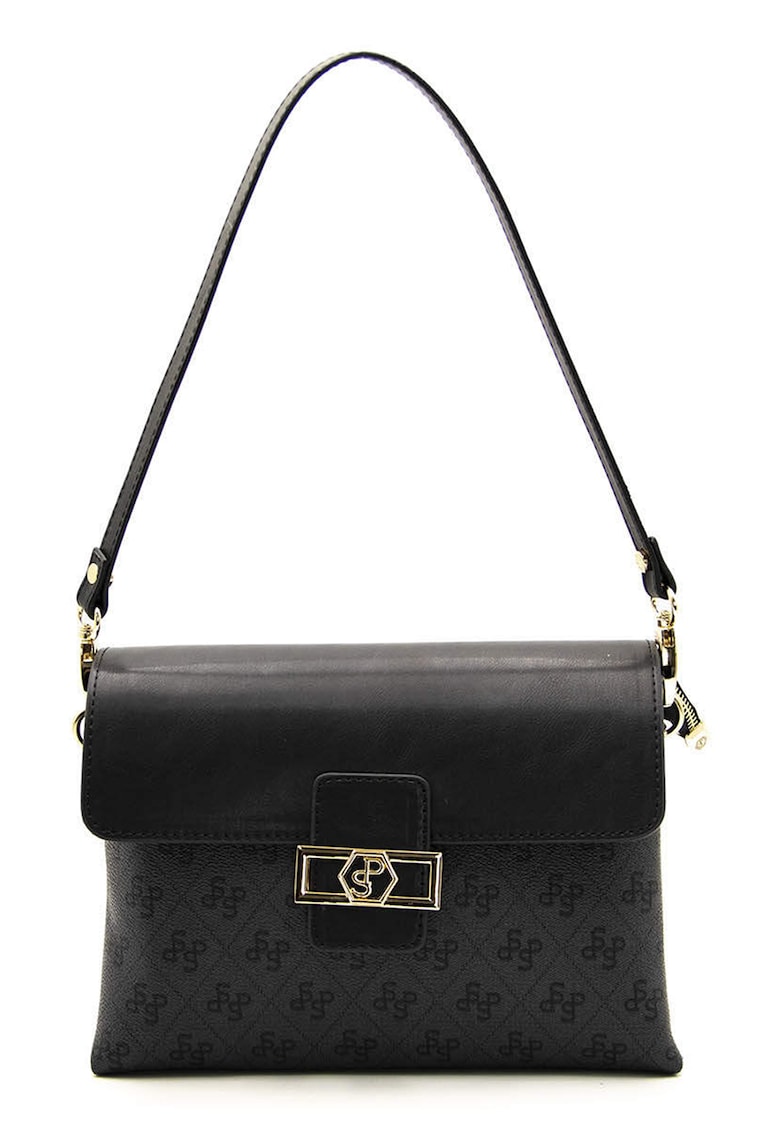 Geanta de piele ecologica cu bareta de umar si model - Negru - Negru/Gri inchis - 17x25x10