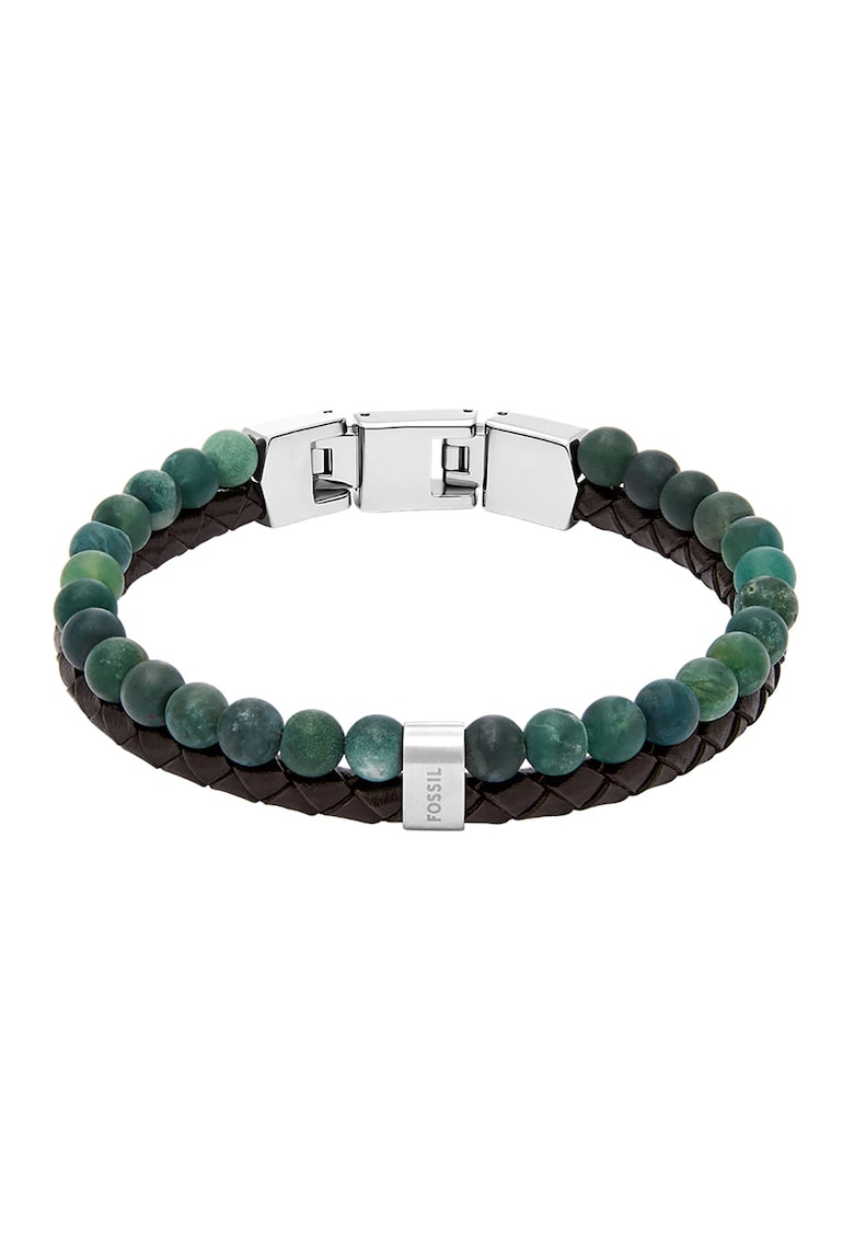 Bratara cu piele si margele din agat - Verde/Argintiu