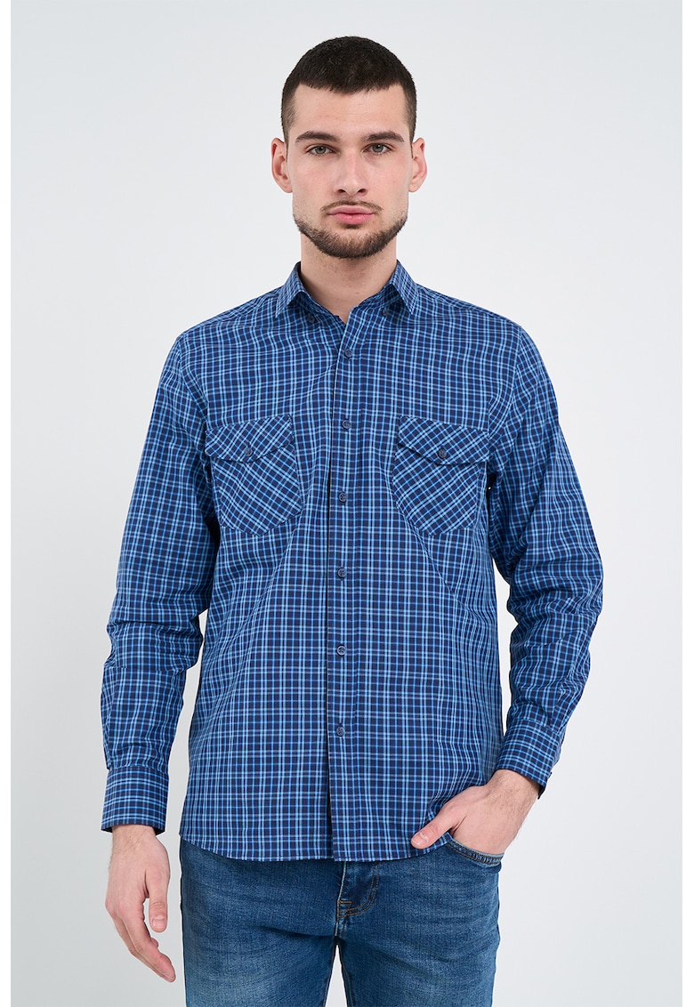 Camasa in carouri - cu buzunare pe piept - Albastru inchis