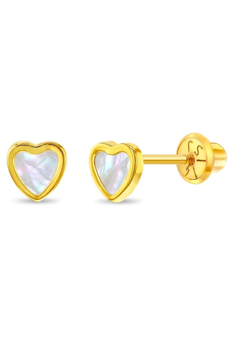 Cercei din Aur 14K pentru Bebelusi si Copii - model Inima cu Sidef de Perla - inchidere cu Filet si Protectie