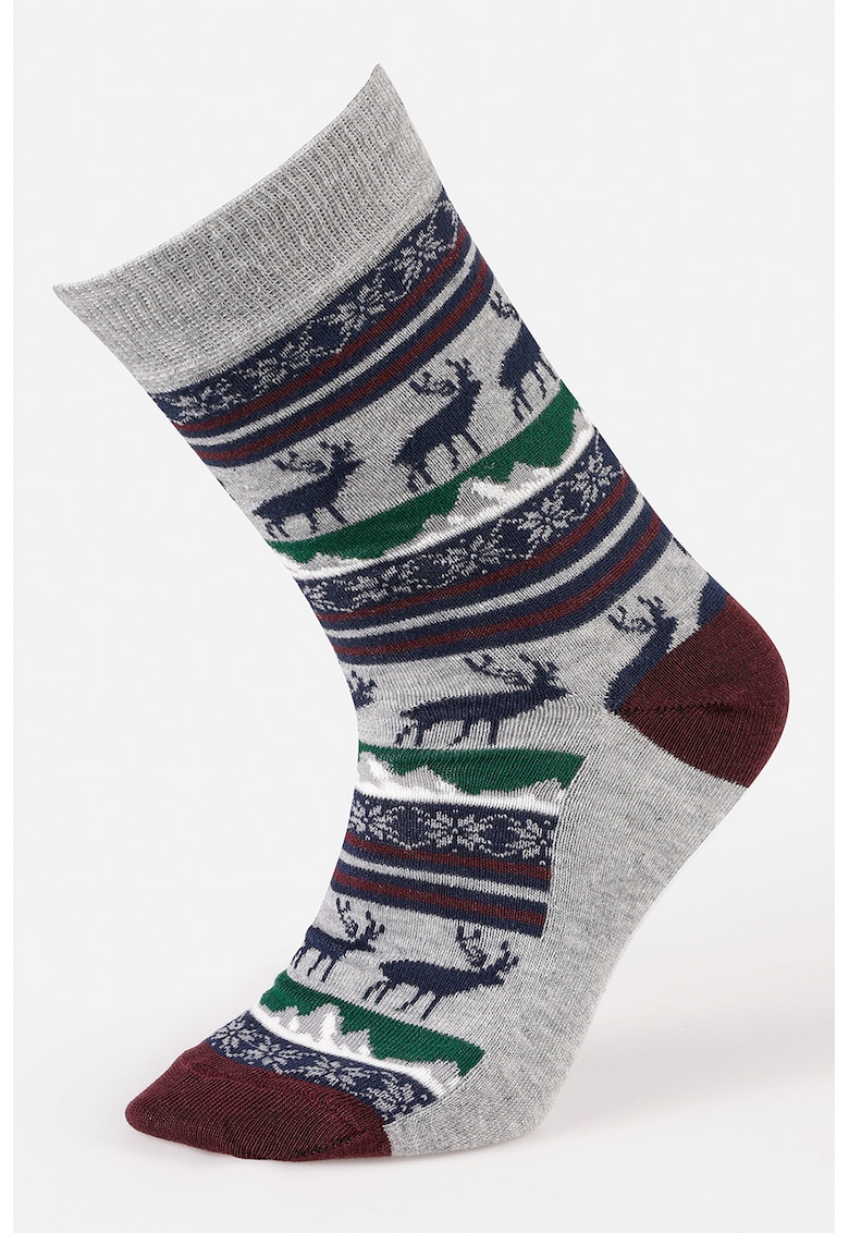 Sosete cu model Fair Isle - Verde/Gri deschis/Rosu inchis