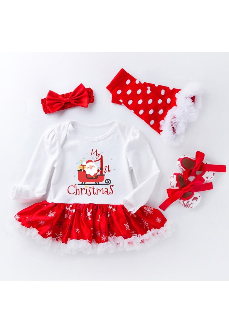 Set 4 piese - rochita - sosete - bentita si botosei - de Craciun - pentru fetite Set 4 piese - rochita - sosete - bentita si botosei - de Craciun - pentru fetite