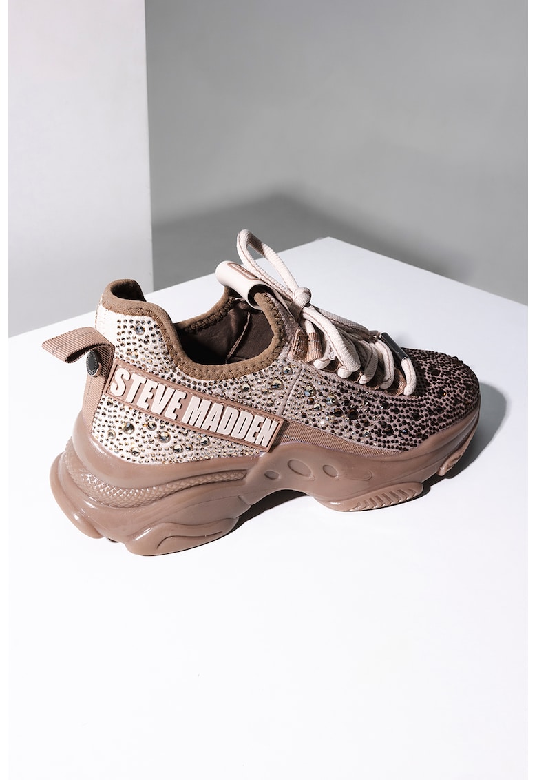 Pantofi sport din material textil cu strasuri Mistica - Maro deschis/Argintiu