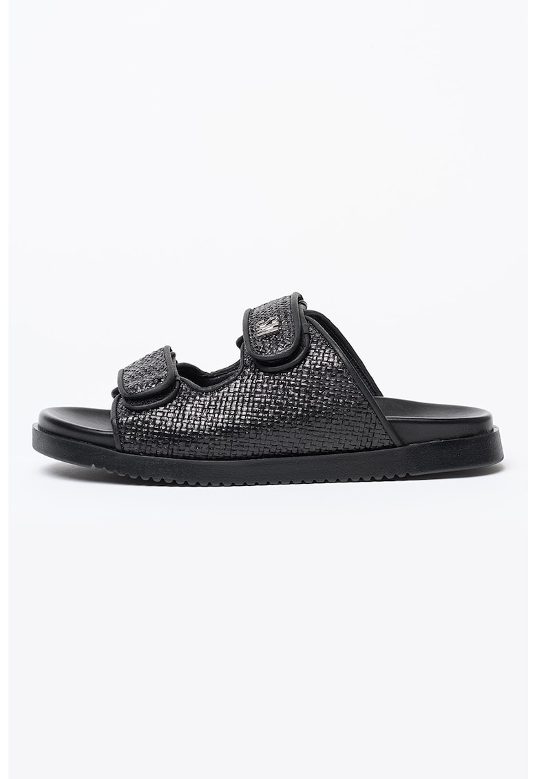 Papuci din piele ecologica cu velcro - Negru stins