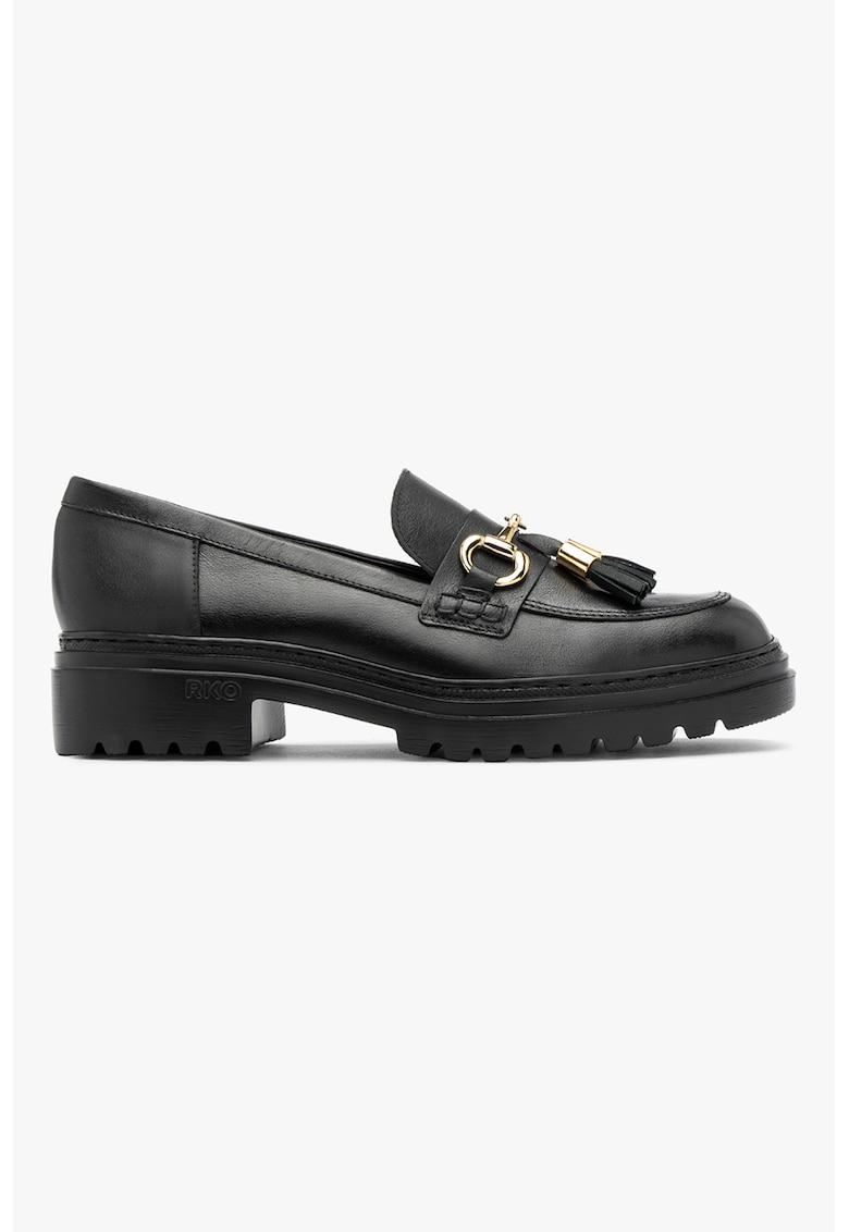 Pantofi loafer din piele intoarsa cu detaliu metalic - Negru