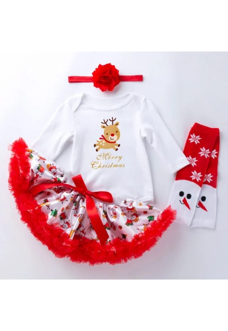 Set Body Cu Fustita Din Satin Si Jambiere - Model Pui De Ren - Fete - Maneca lunga - Multicolor - 12-18 luni -