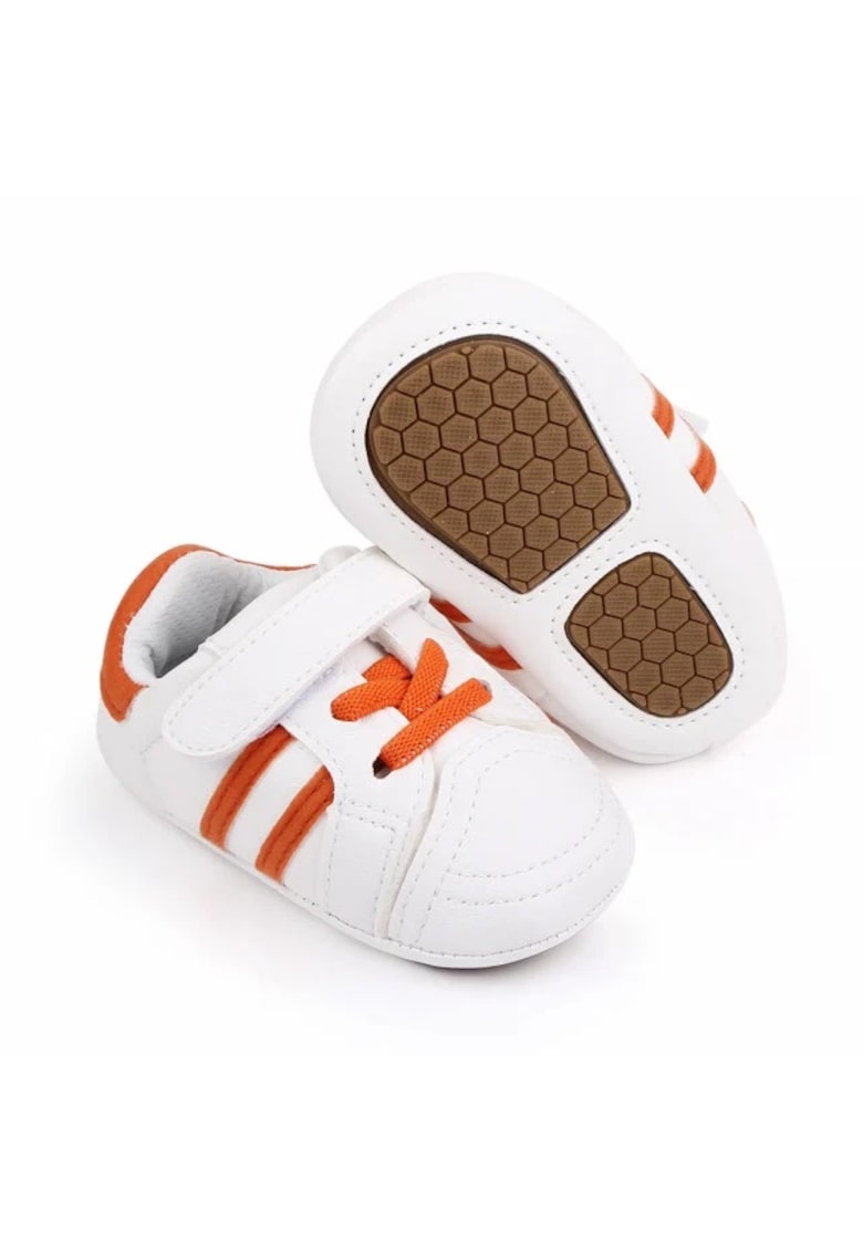 Pantofi Sport Cu Dungi - Piele ecologica - Fete - Siret - Alb/ Portocaliu - Alb/Portocaliu