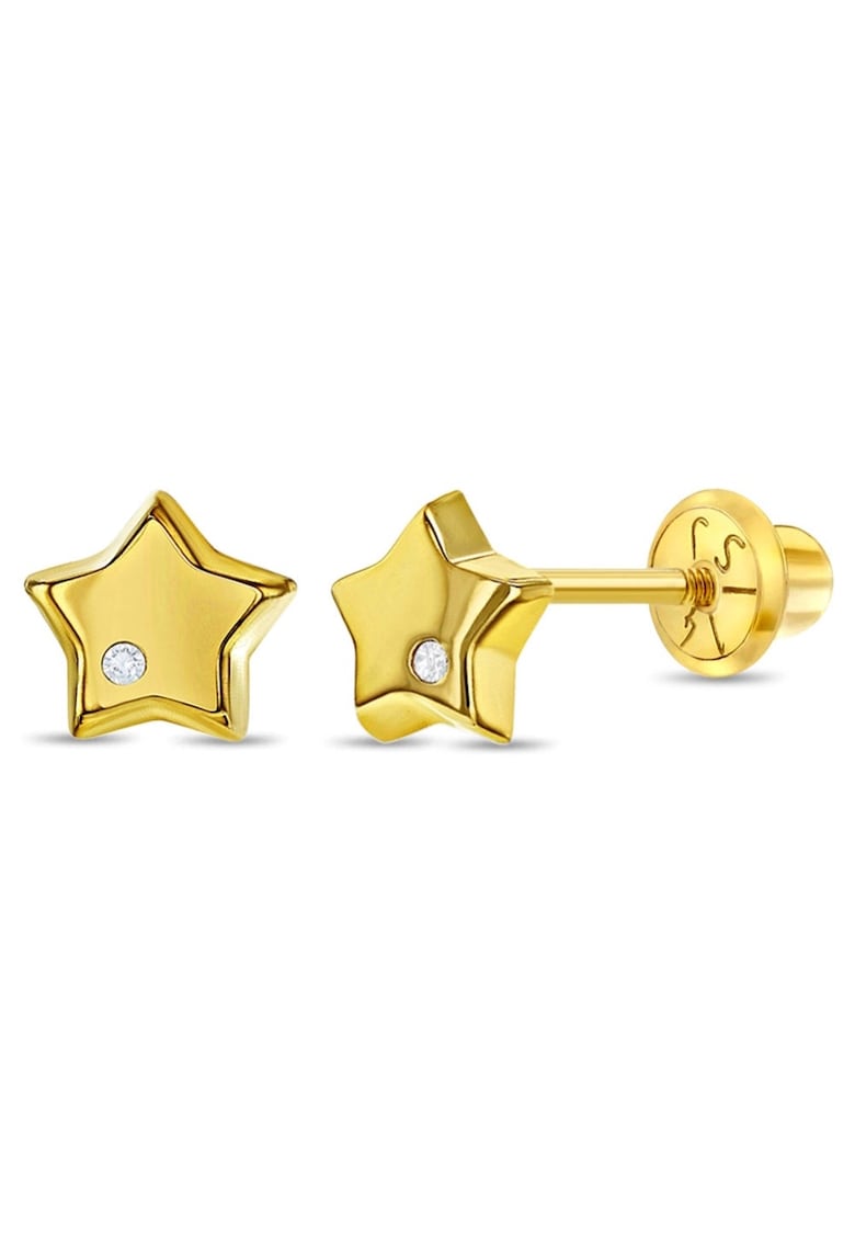 Cercei din Aur 14K pentru Copii - model Stea cu Diamant - inchidere cu Filet si Protectie