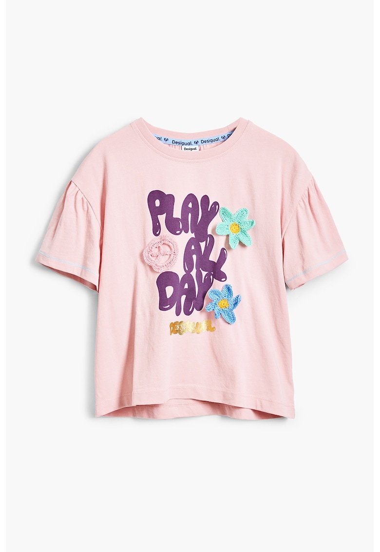 Tricou cu imprimeu grafic si flori brodate Tricou cu imprimeu grafic si flori brodate