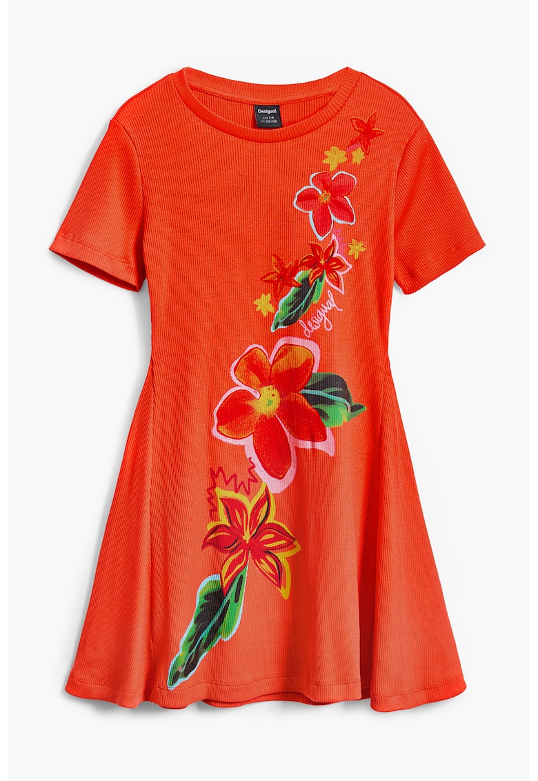 Rochie cu croiala A si imprimeu floral - Portocaliu mandarina