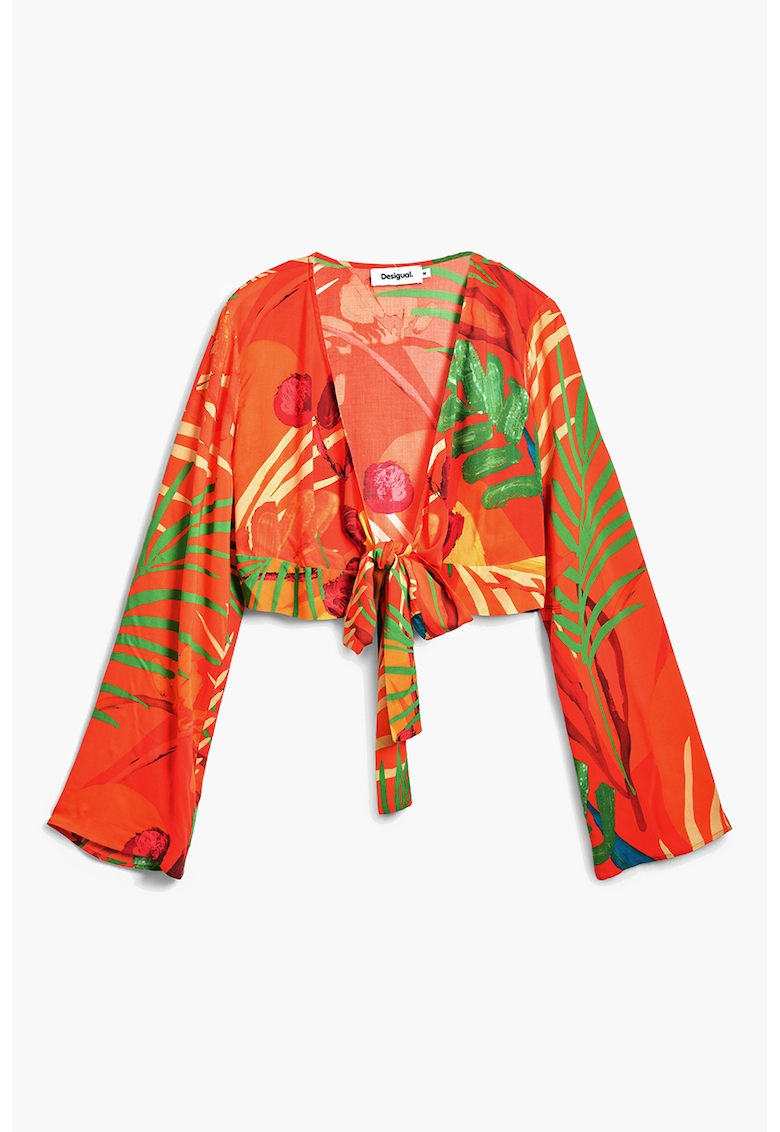 Bluza crop de plaja cu imprimeu tropical si design innodat