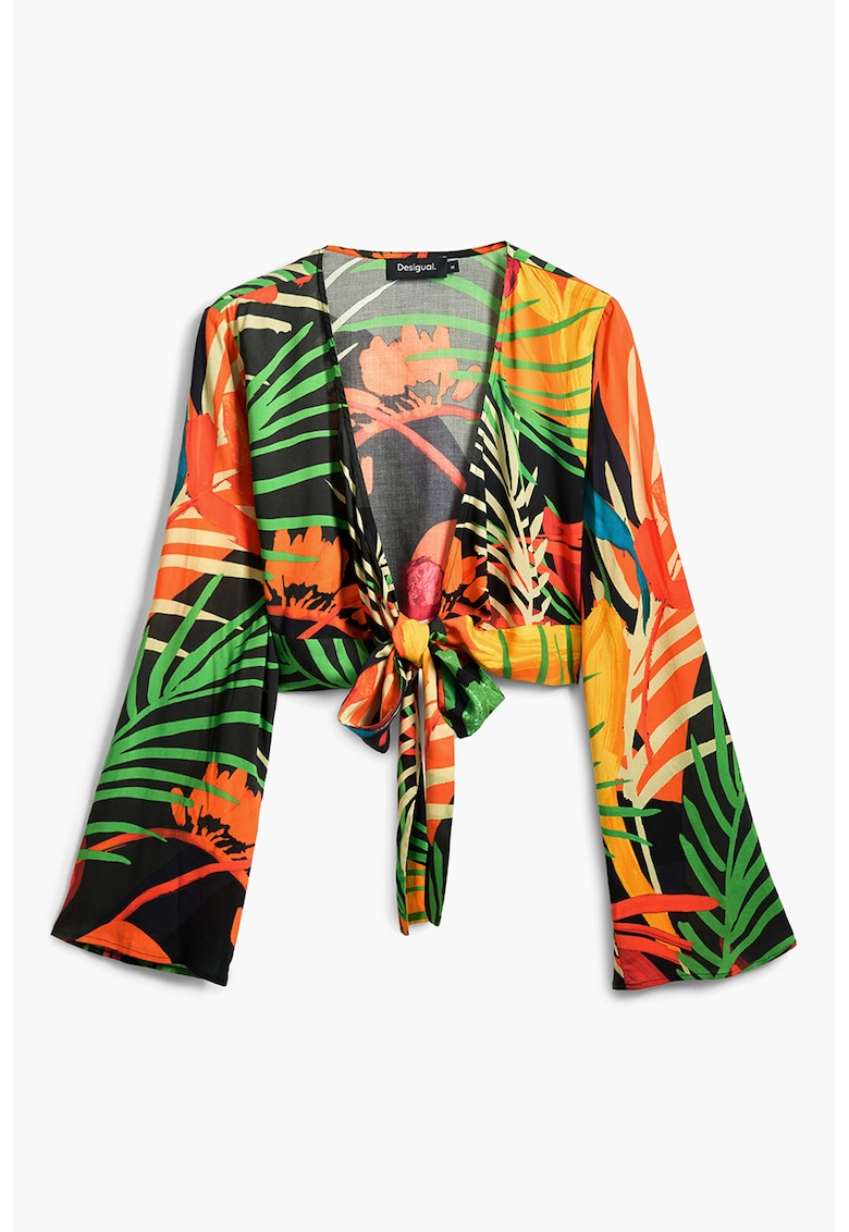 Bluza crop de plaja cu imprimeu tropical si design innodat